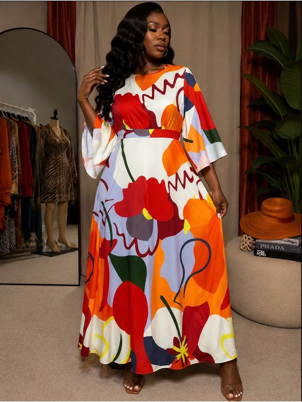 Vibrant Abstract Floral Maxi Dress - Orange Multi